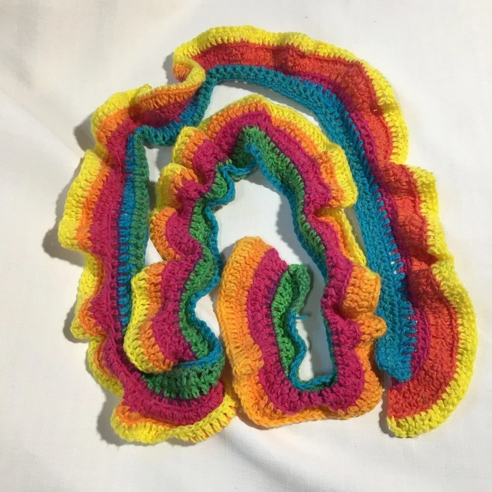 Crochet Knit Scarf Handmade Colorful Striped Yellow Blue Rainbow‎ 86